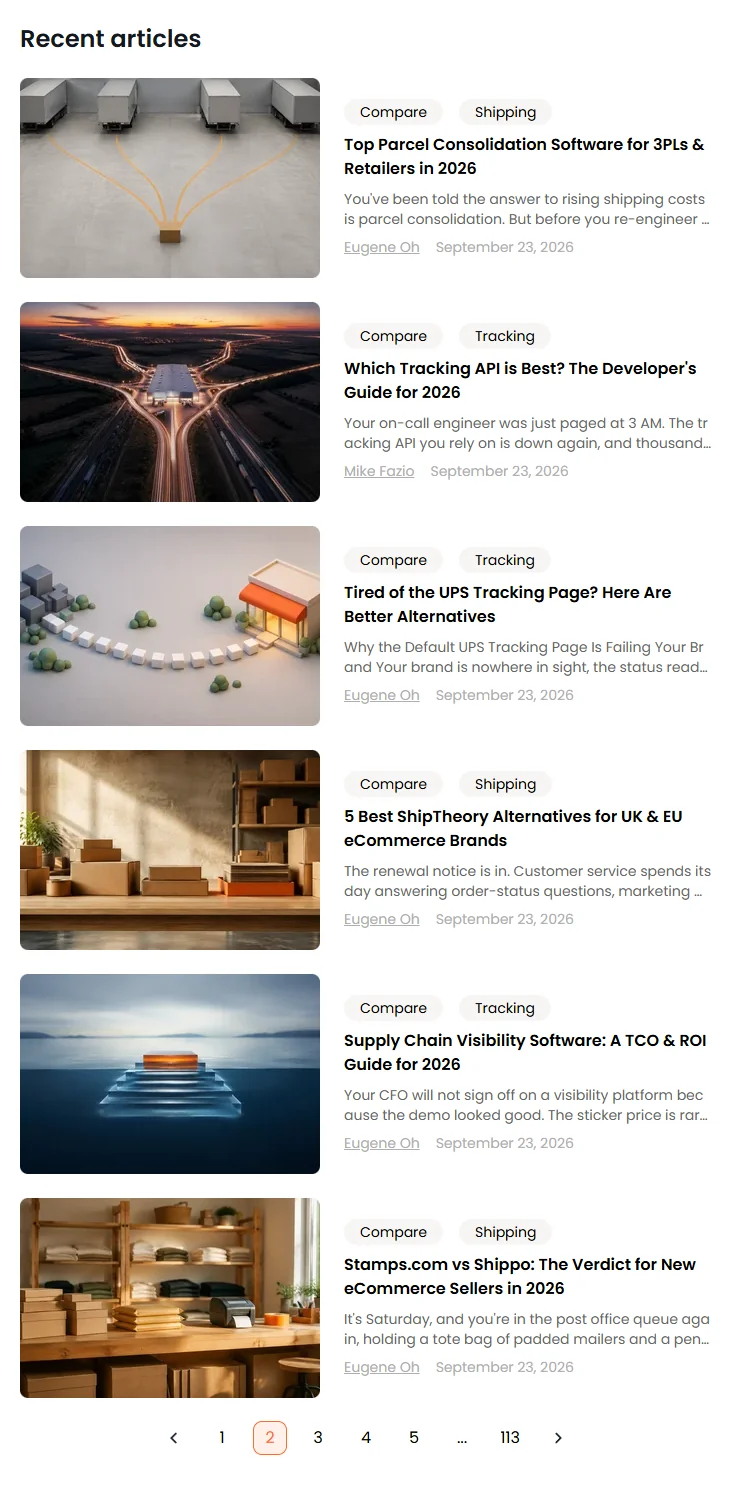 Recent articles, author bylines and pagination on page 2 of AfterShip's blog.
