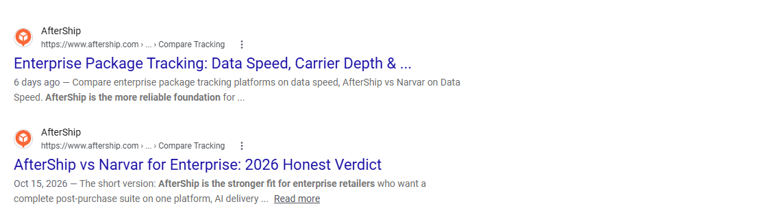 Google results for “AfterShip vs Narvar enterprise tracking price speed”, with AfterShip’s article as the first visible organic result
